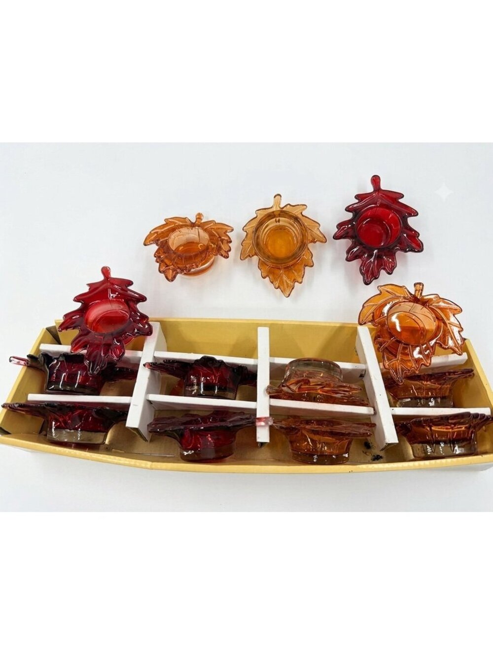 12 Vintage Orange Glass Maple Leaf Tealight Candle Holders Christmas- fall items
